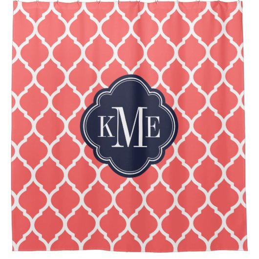 Koraal en marine Marokkaanse Quatrefoil Monogram Douchegordijn (Voorkant)