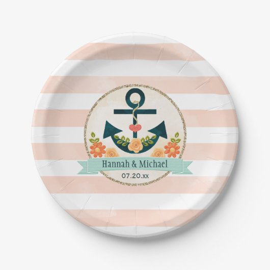 Koraal en Marine Nautische Anker Bruiloft Douche Papieren Bordje (Voorkant)