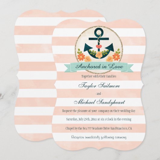 Koraal en marine nautische bruiloft kaart (Voorkant / Achterkant)