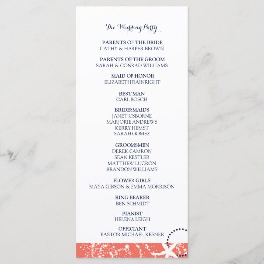 Koraal en marine nautische bruiloft programma programmakaart (Achterkant)