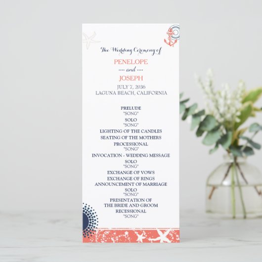 Koraal en marine nautische bruiloft programma programmakaart (Staand voorkant)
