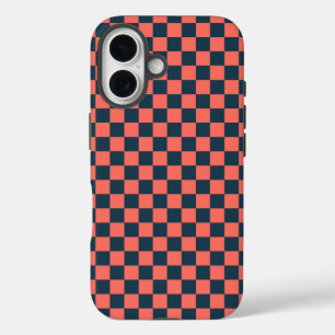 Koraal en marine schaakbordpatroon iPhone 16 hoesje