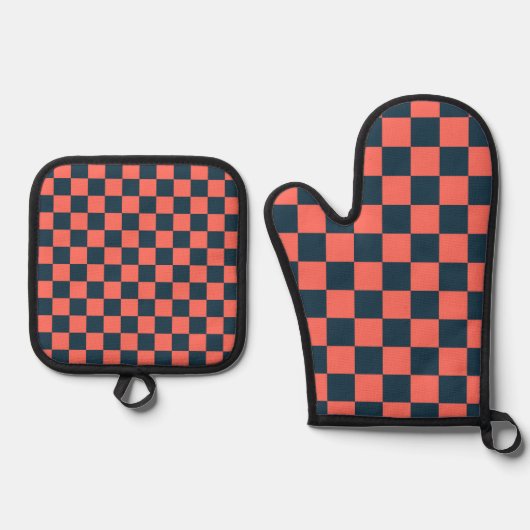Koraal en marine schaakbordpatroon ovenwant & pannenlap set (Voorkant)