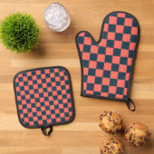 Koraal en marine schaakbordpatroon ovenwant & pannenlap set (Top down)