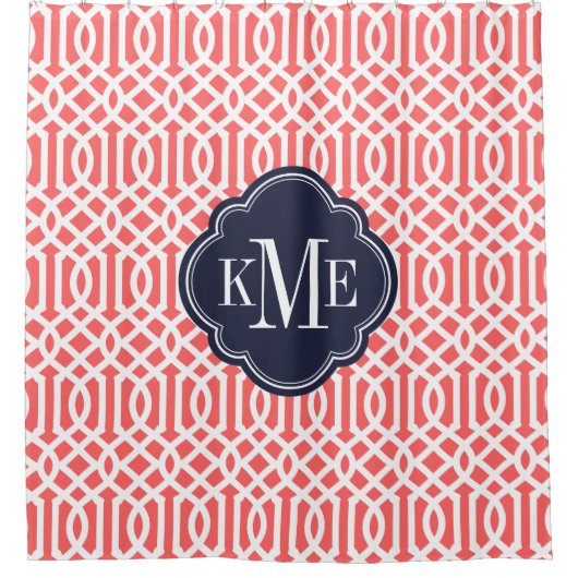 Koraal en marine Trellis Monogram Douchegordijn (Voorkant)