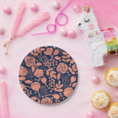 Koraal en marineblauw bloemenpatroon papier bord (Feest)