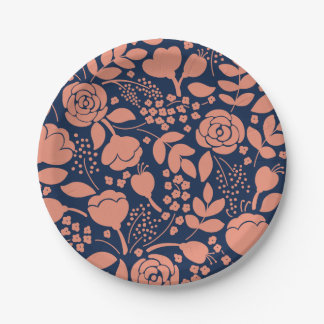 Koraal en marineblauw bloemenpatroon papier bord