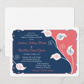 Koraal en marineblauw laffie - Florale bruiloft Kaart (Voorkant / Achterkant)