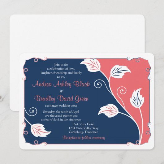 Koraal en marineblauw laffie - Florale bruiloft Kaart (Voorkant / Achterkant)