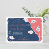 Koraal en marineblauw laffie - Florale bruiloft Kaart (Staand voorkant)