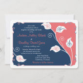 Koraal en marineblauw laffie - Florale bruiloft Kaart (Voorkant)