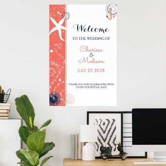 Koraal en marineblauw strand huwelijksbord poster (Thuiskantoor)