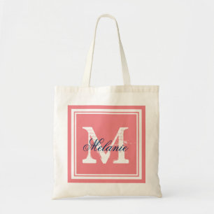 Koraal en marineblauwe monogram trouwfeest tote ta bag