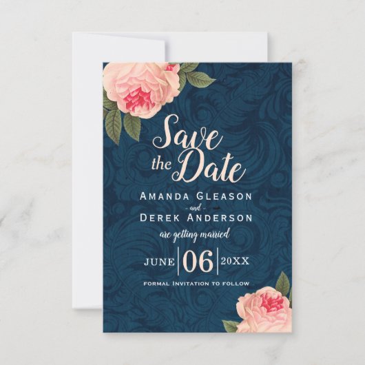 Koraal en marineblauwe shabby chic save the date (Voorkant)
