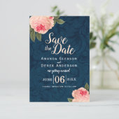 Koraal en marineblauwe shabby chic save the date (Staand voorkant)