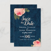 Koraal en marineblauwe shabby chic save the date (Voorkant / Achterkant)