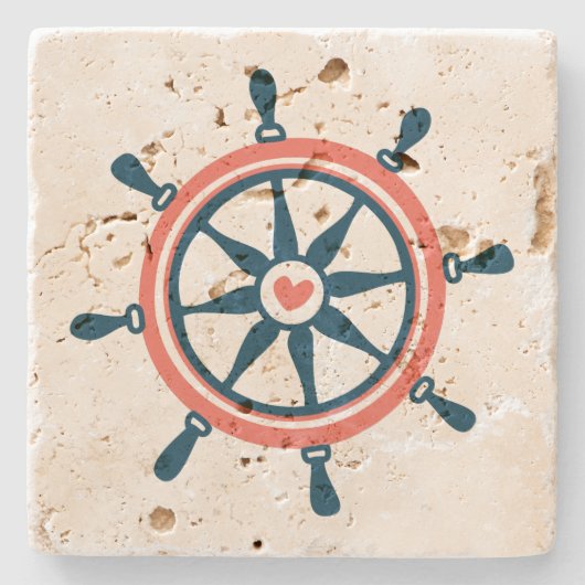 Koraal- en marinesurvee (Nautical Boat Wheel) Stenen Onderzetter (Voorkant)