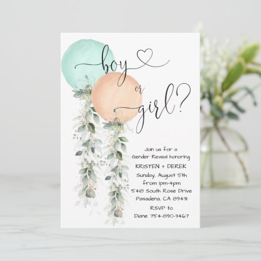 Koraal en Mint Ballon Gender Reveal Party Kaart (Staand voorkant)