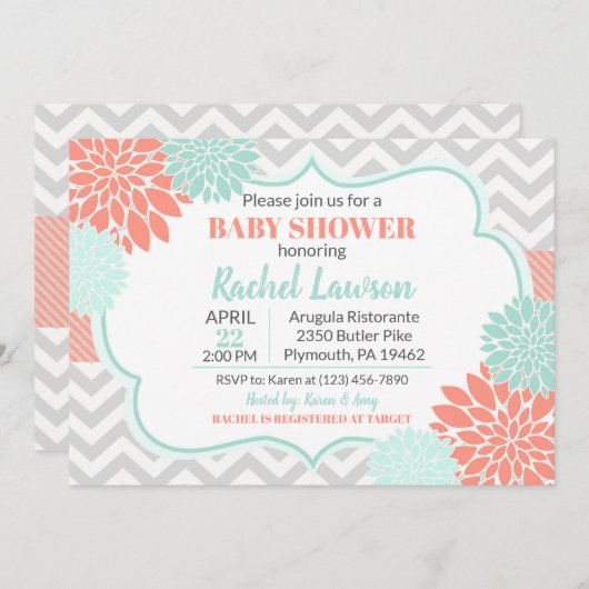 Koraal en Mint Blooms Floral Baby shower Kaart (Voorkant / Achterkant)