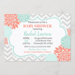 Koraal en Mint Blooms Floral Baby shower Kaart