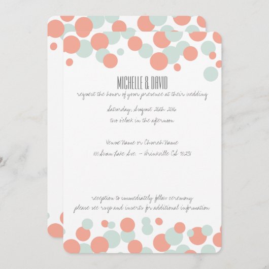 Koraal en Mint Bubbles Confetti Wedding Kaart (Voorkant / Achterkant)