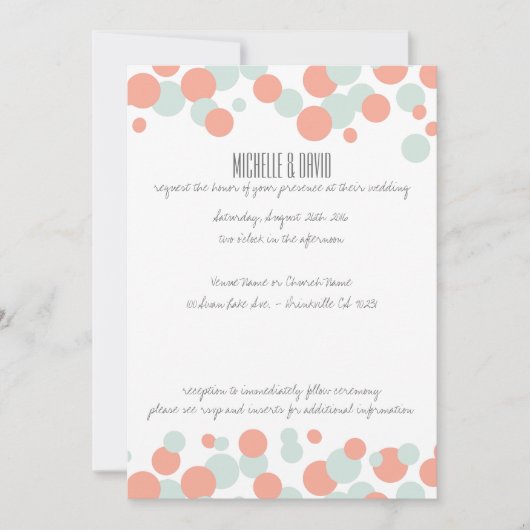 Koraal en Mint Bubbles Confetti Wedding Kaart (Voorkant)