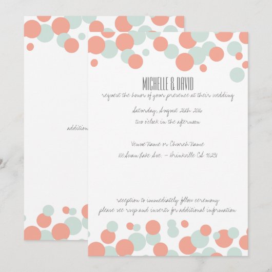 Koraal en Mint Bubbles Confetti Wedding Kaart (Voorkant / Achterkant)