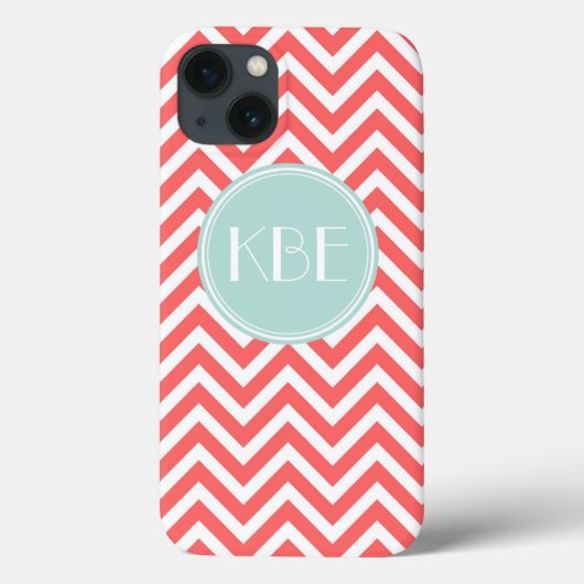 Koraal en Mint Chevron Custom Monogram Case-Mate iPhone Case (Achterkant)