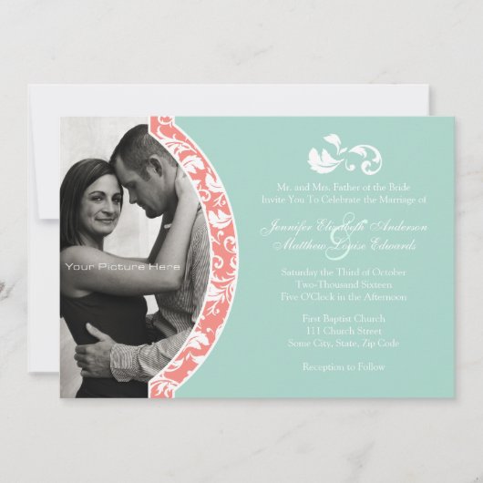 Koraal en Mint Damask Foto Wedding Kaart (Voorkant)