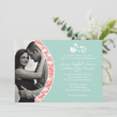 Koraal en Mint Damask Foto Wedding Kaart (Staand voorkant)
