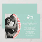 Koraal en Mint Damask Foto Wedding Kaart (Voorkant / Achterkant)