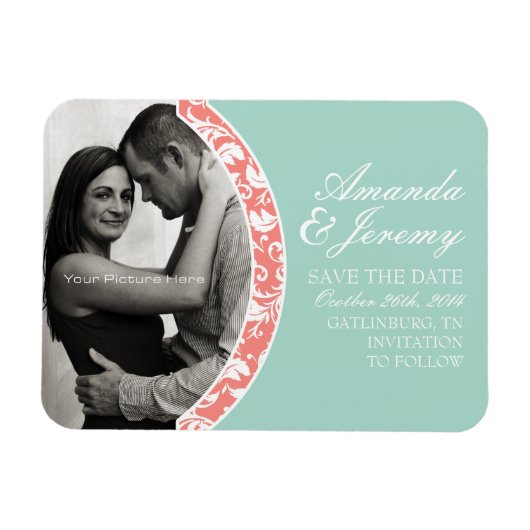 Koraal en Mint Damask Foto Wedding Save the Date Magneet (Horizontaal)