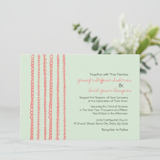 Koraal en Mint Fun Doodles Wedding Invitations Kaart (Staand voorkant)