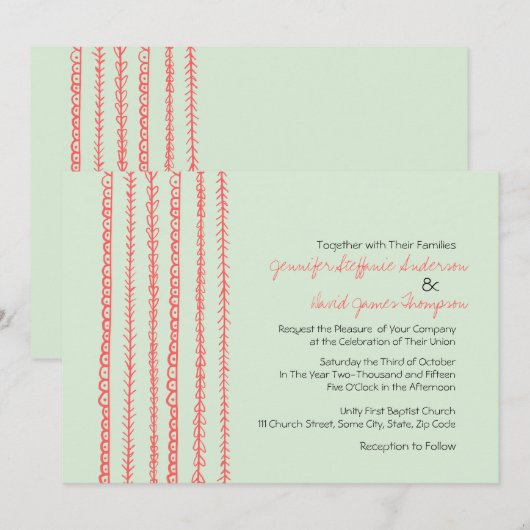 Koraal en Mint Fun Doodles Wedding Invitations Kaart (Voorkant / Achterkant)