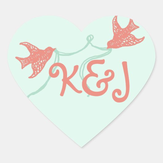 Koraal en Mint Kapel Bruiloft Monogram Hart Sticker (Voorkant)