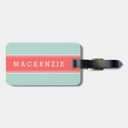 Koraal en Mint Rugby Streep Custom Monogram Bagagelabel (Achterkant horizontaal)