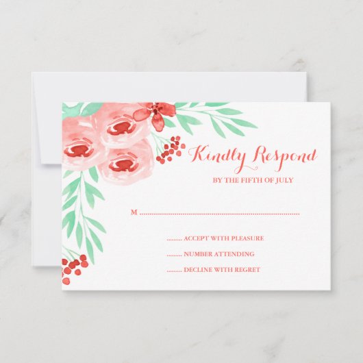 Koraal en Mint Waterverf Floral Wedding RSVP (Voorkant)