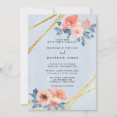 Koraal en mosterd Blauwe Floral Gold Geometric Wed Kaart (Voorkant)