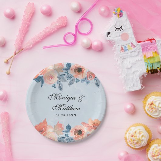 Koraal- en mosterdblauw-botanisch huwelijk papieren bordje (Feest)