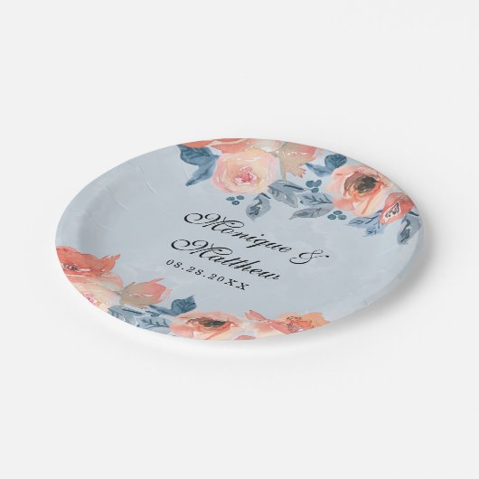 Koraal- en mosterdblauw-botanisch huwelijk papieren bordje (Gekanteld)