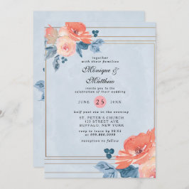 Koraal- en mosterdblauw-oraal huwelijk kaart