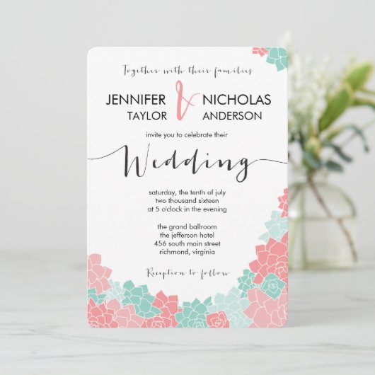 Koraal en Munt Bloem bruiloft uitnodiging (Staand voorkant)