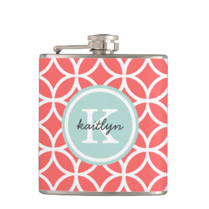 Koraal en Munt Geometrische Diamanten Custom Monog Heupfles