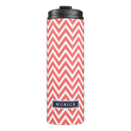 Koraal en Navy Blue Chevron Monogram Thermosbeker