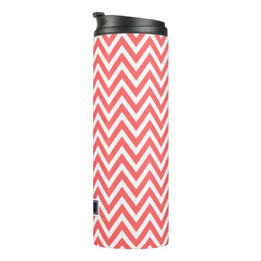 Koraal en Navy Blue Chevron Monogram Thermosbeker (Geroteerd rechts)