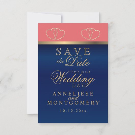 Koraal- en Navy Blue Gold-harten - Bewaar de datum Save The Date (Voorkant)