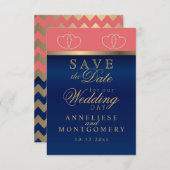 Koraal- en Navy Blue Gold-harten - Bewaar de datum Save The Date (Voorkant / Achterkant)