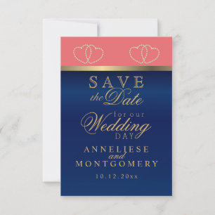 Koraal- en Navy Blue Gold-harten - Bewaar de datum Save The Date