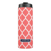 Koraal en Navy Blue Marokkaanse Quatrefoil Monogra Thermosbeker (Voorkant)