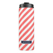 Koraal en Navy Blue Preppy Stripes Monogram Thermosbeker (Voorkant)